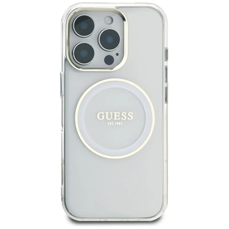 Guess IML Metal Colored Circle Classic Logo MagSafe - dėklas iPhone 16 Pro (baltas)