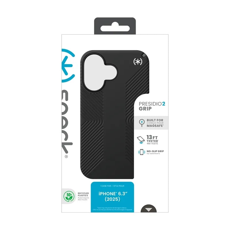 „Speck Presidio2 Grip MagSafe“ dėklas – „iPhone 17“ (juodas / skalūno pilkas / baltas)