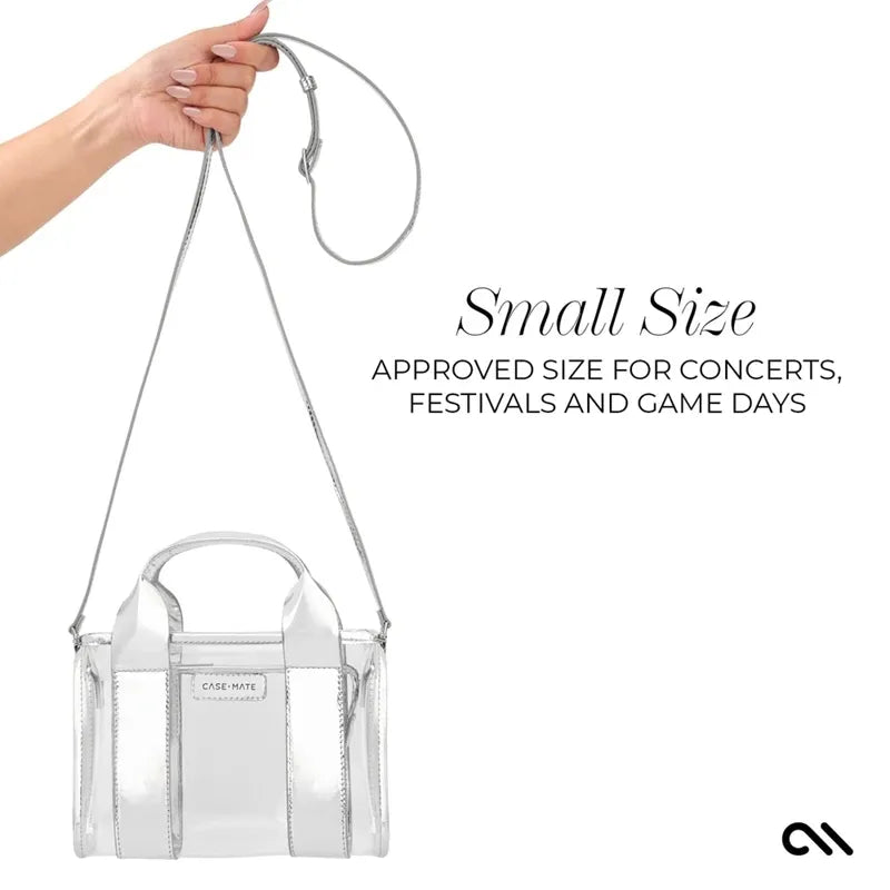 „Case-Mate Micro Tote Bag“ – vandeniui atsparus krepšys per petį (sidabrinis chromas / skaidrus)
