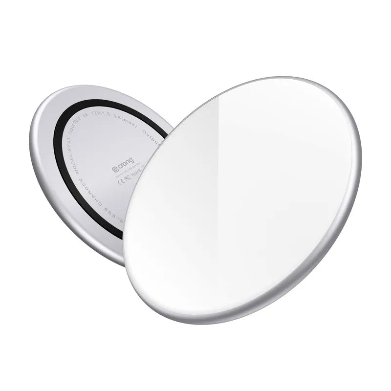 Crong PowerSpot spartusis belaidis įkroviklis – 15 W aliumininis USB-C „Qi“ belaidis įkroviklis su grūdinto stiklo danga (sidabrinė balta)