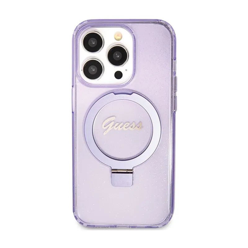 Dėklas Guess Ring Stand Script Glitter MagSafe – iPhone 15 Pro (violetinis)