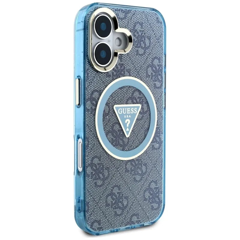Guess IML Metal Glitter 4G Circle Triangle MagSafe – dėklas iPhone 16 (mėlynas)