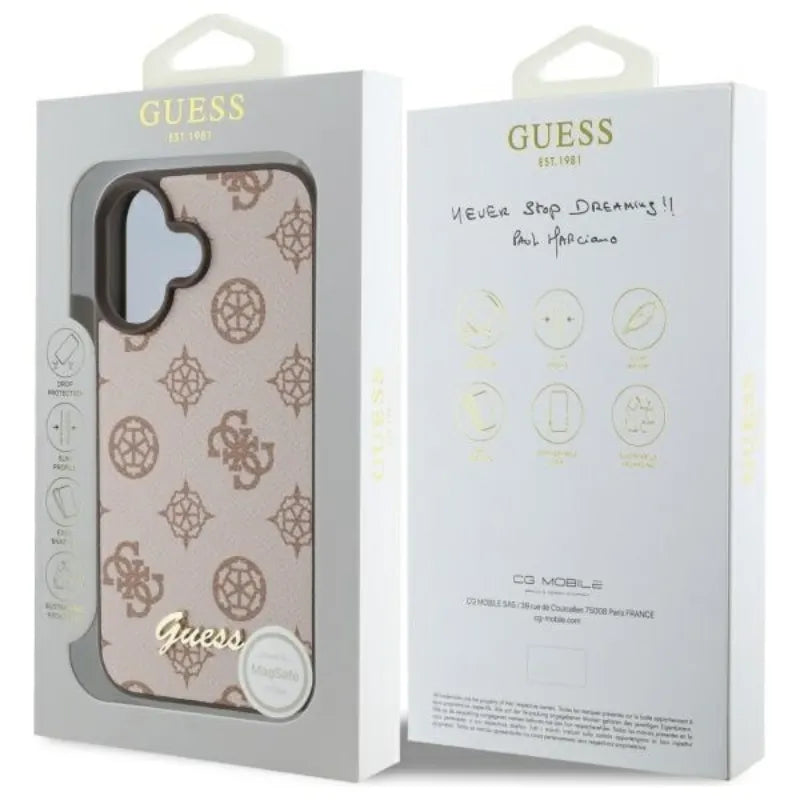Guess Peony Script MagSafe dėklas, skirtas iPhone 16 (rudas)