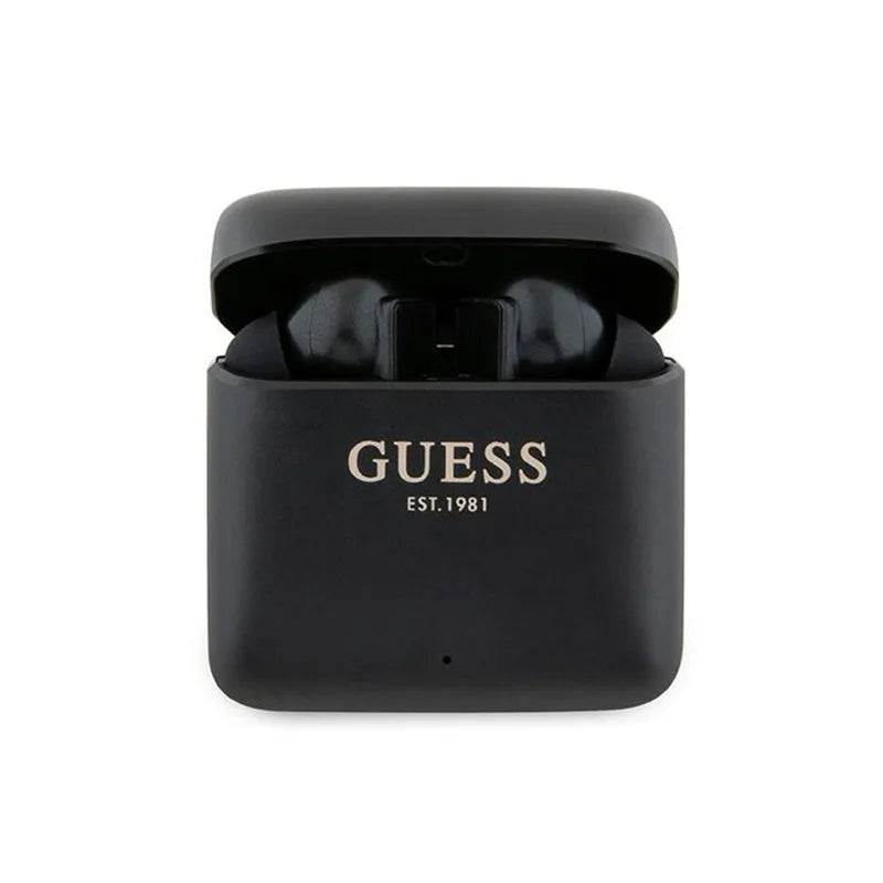 Guess spausdinto logotipo TWS „Bluetooth“ ausinės su įkrovimo dėklu (juodos)