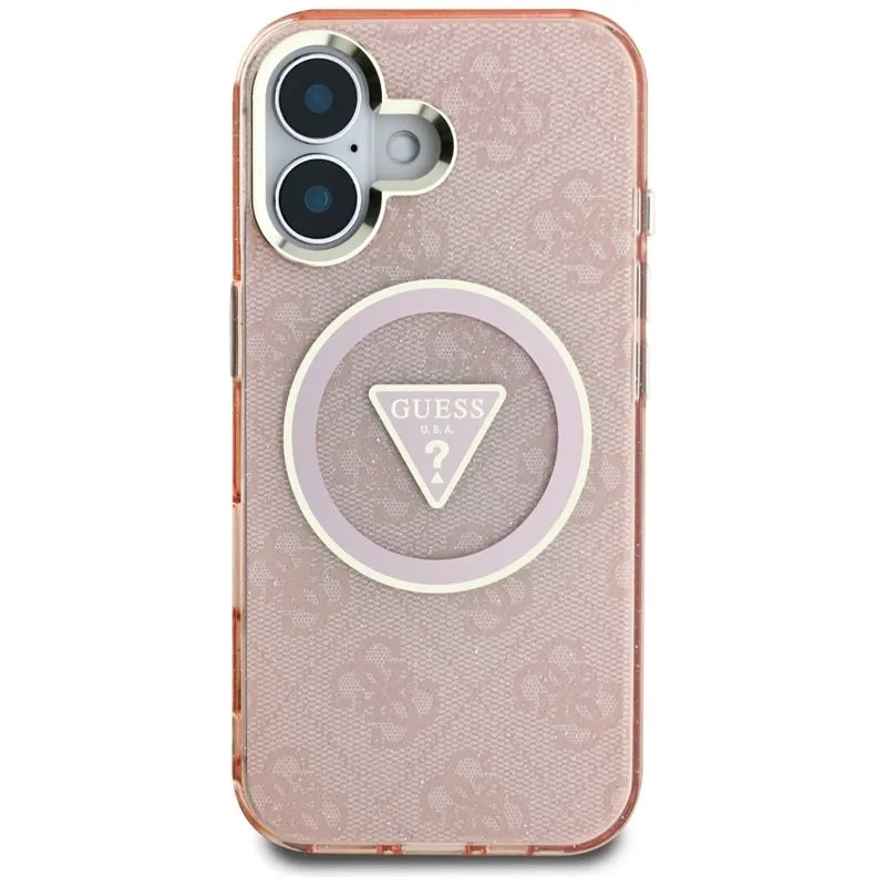 Guess IML Metal Glitter 4G Circle Triangle MagSafe – dėklas iPhone 16 (rožinis)