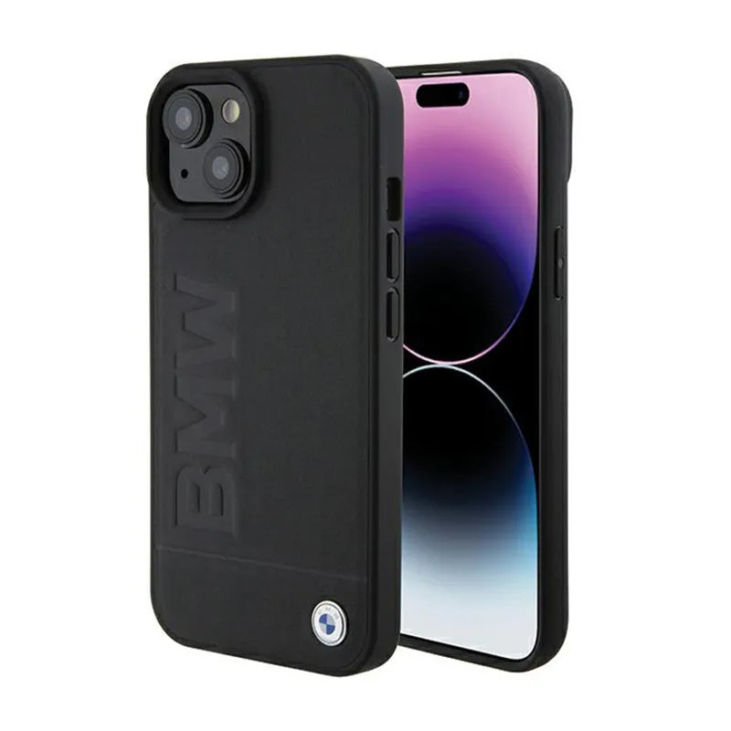 BMW Leather Hot Stamp – dėklas iPhone 15 Plus (juodas)