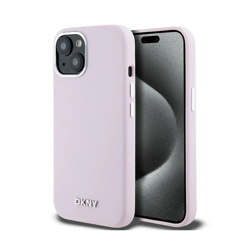 DKNY Liquid Silicone Small Metal Logo MagSafe – dėklas iPhone 15 Plus / 14 Plus (rožinis)