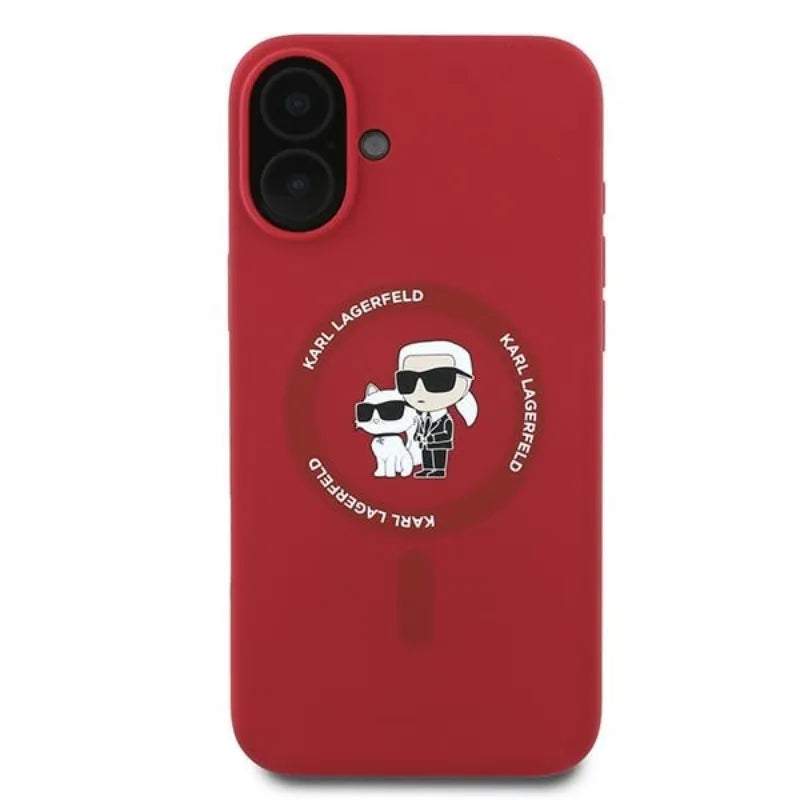 Karl Lagerfeld Silicone Karl & Choupette Ring MagSafe – dėklas iPhone 16 Plus (raudonas)