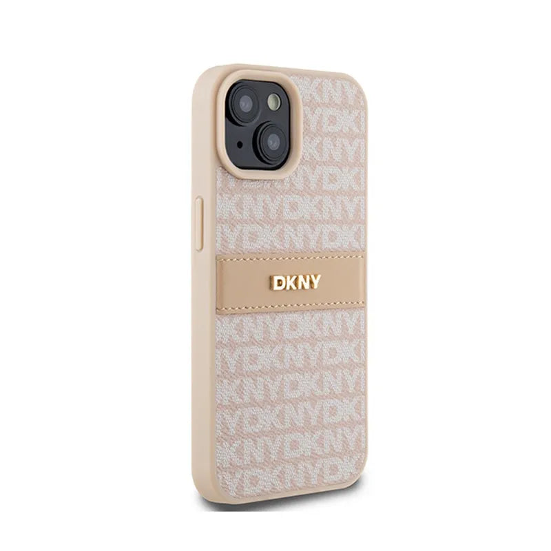 DKNY Leather Mono Stripe & Metal Logo – dėklas iPhone 15 / 14 / 13 (rožinis)