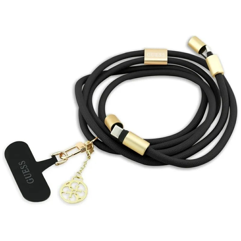 Guess Crossbody Strap 4G Charm – Universalus telefono dirželis / USB-C į USB-C kabelis 1,5 m (juodas)