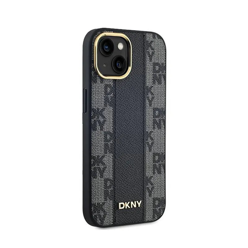 DKNY Leather Checkered Mono Pattern MagSafe – dėklas iPhone 15 / 14 / 13 (juodas)
