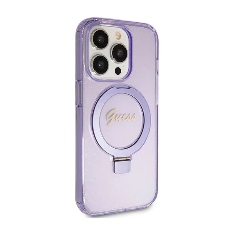Dėklas Guess Ring Stand Script Glitter MagSafe – iPhone 15 Pro (violetinis)
