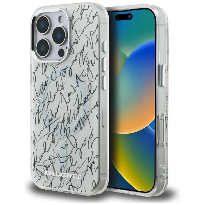 Karl Lagerfeld IML Karl Script Pattern MagSafe – dėklas iPhone 16 Pro Max (baltas)