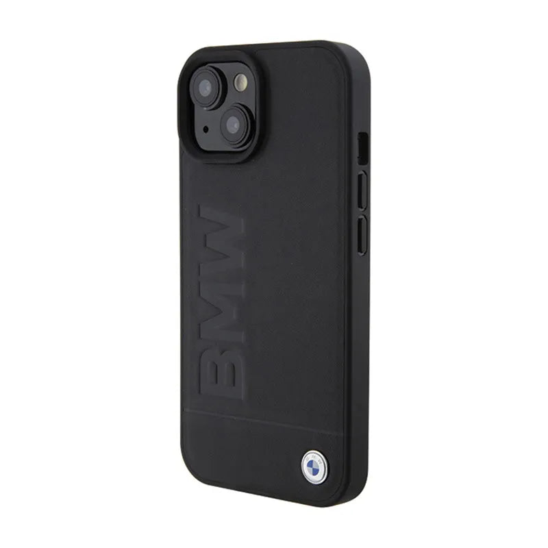 BMW Leather Hot Stamp – dėklas iPhone 15 Plus (juodas)
