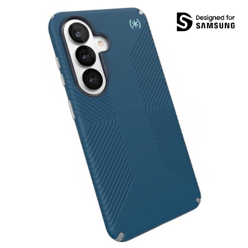 Speck Presidio2 Grip Magnet – apsauginis dėklas su MagSafe, skirtas Samsung Galaxy S26 (Deep Sea/Silver Metallic/Spell Blue)