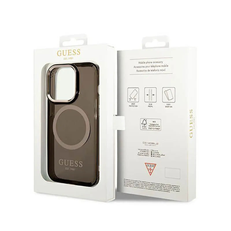 Guess Gold Outline Translucent MagSafe – dėklas iPhone 14 Pro (juodas)