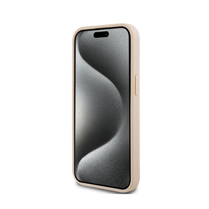 DKNY Leather Mono Stripe & Metal Logo – dėklas iPhone 15 / 14 / 13 (rožinis)