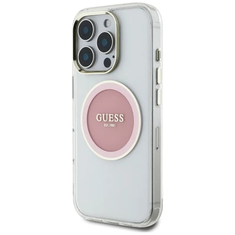 Guess IML Metal Colored Circle Classic Logo MagSafe – dėklas iPhone 16 Pro (rožinis)