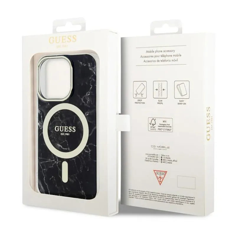 Guess Marble MagSafe – dėklas iPhone 14 Pro (juodas)