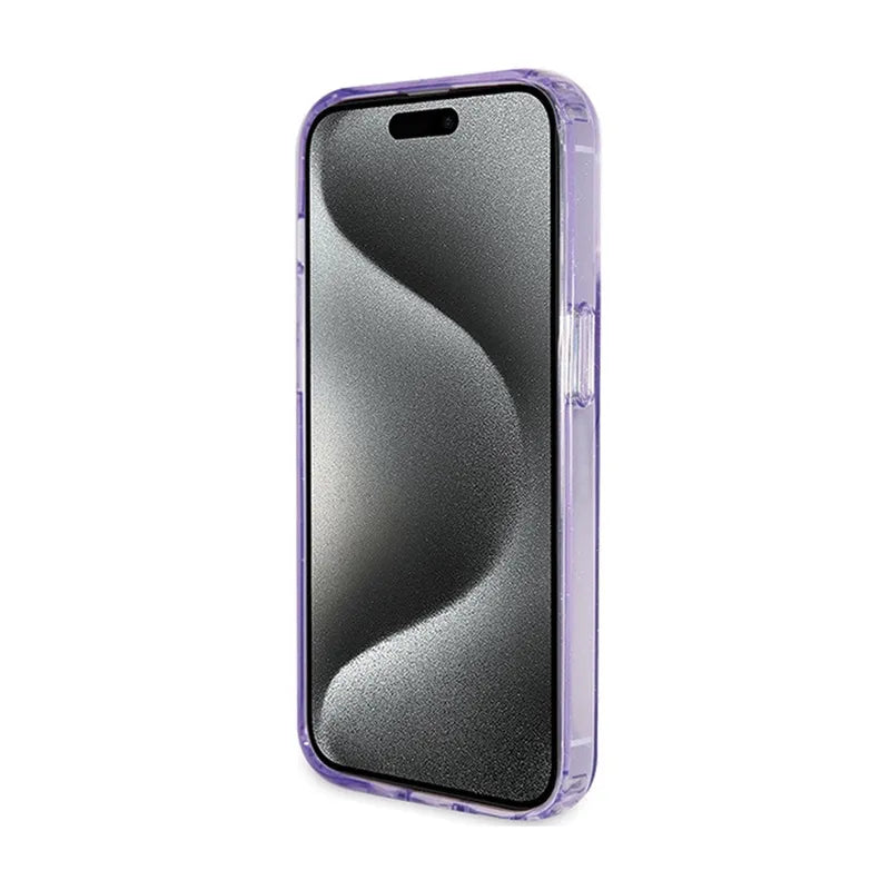 Dėklas Guess Ring Stand Script Glitter MagSafe – iPhone 15 Pro (violetinis)