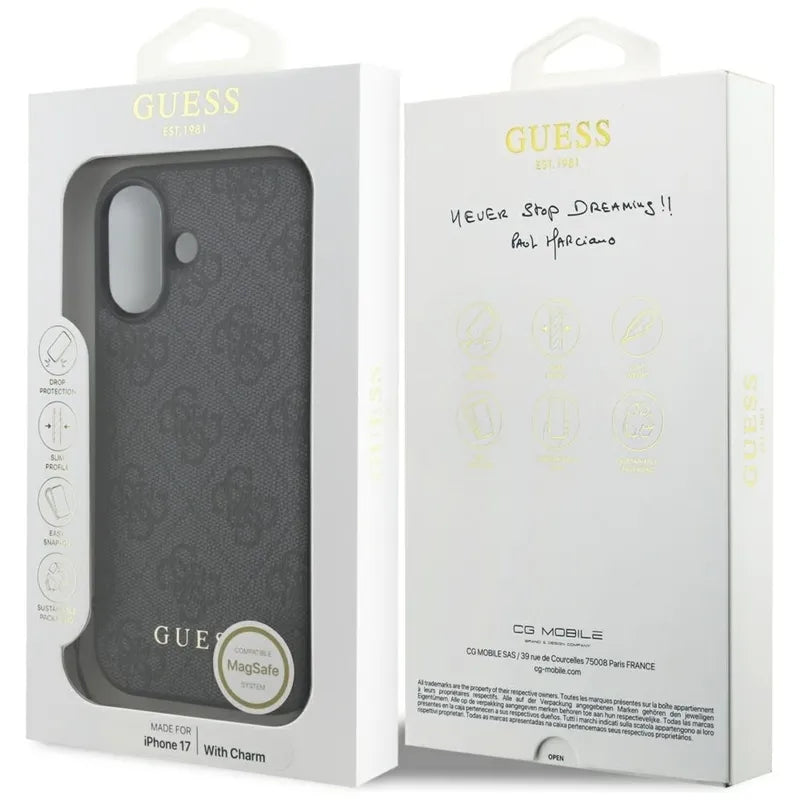Guess 4G Charms Collection MagSafe – dėklas iPhone 17 (juodas)