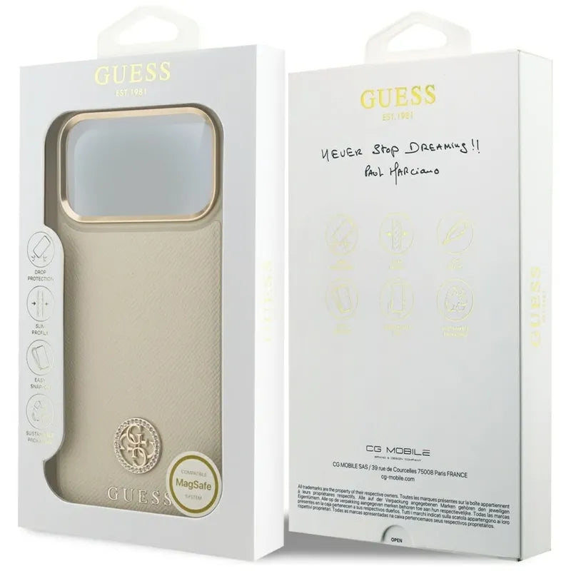 Guess Grained Strass Logo MagSafe - Dėklas iPhone 17 Pro Max (smėlio spalvos)