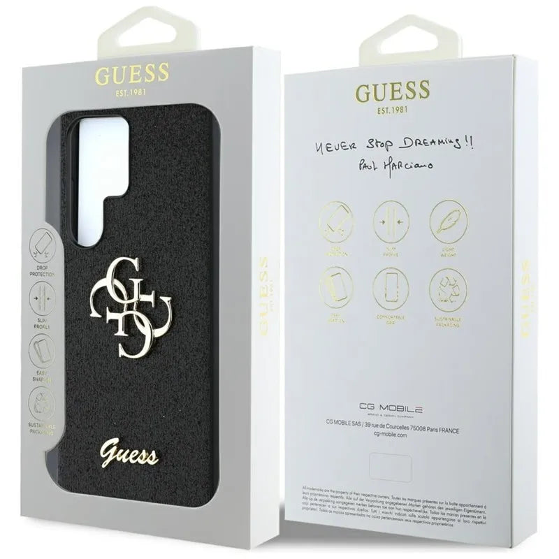 Guess Fixed Glitter Big 4G Metal Logo – dėklas Samsung Galaxy S25 Ultra telefonui (juodas)