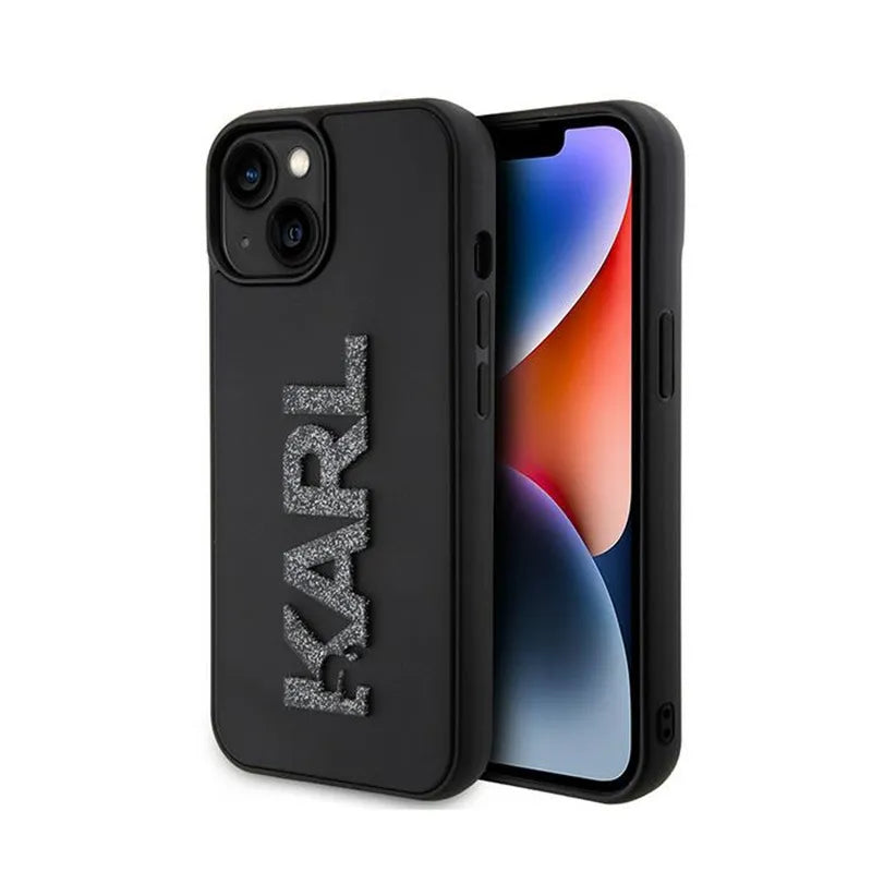 Karl Lagerfeld 3D Rubber Glitter Logo dėklas, skirtas iPhone 15 (juodas)