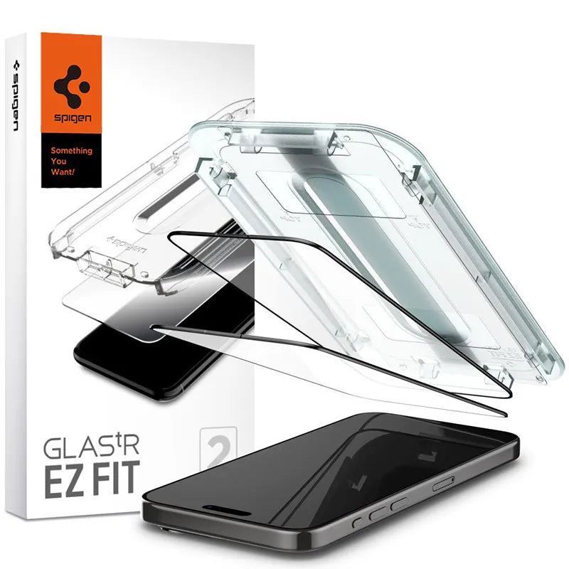 Spigen GLAS.TR EZ FIT FC 2-Pack – grūdintas stiklas, skirtas iPhone 15 Pro, 2 vnt. (juodas rėmelis)