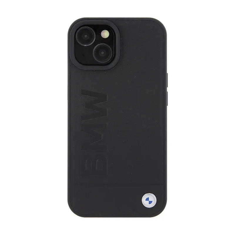 BMW Leather Hot Stamp – dėklas iPhone 15 Plus (juodas)