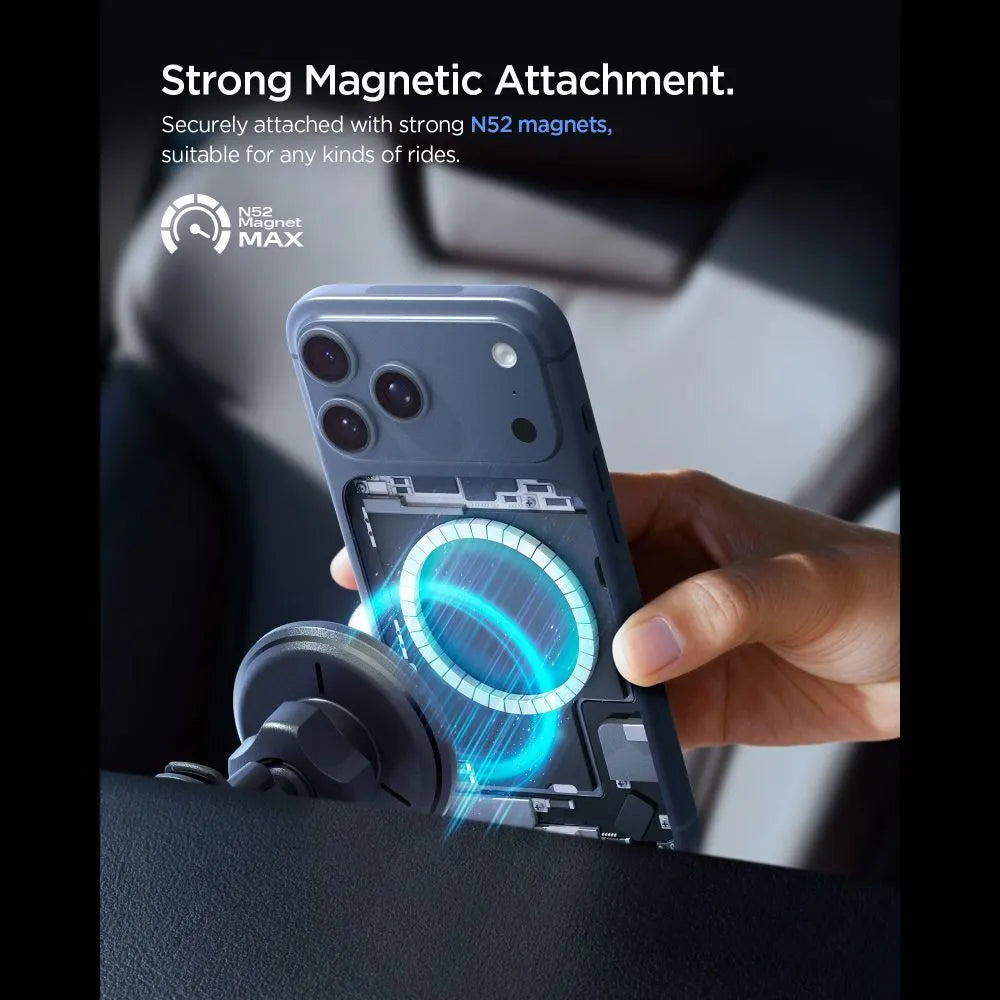 Spigen EV15MAQ Essential – MagSafe 15W Qi2 automobilinis laikiklis į ventiliacijos groteles (juodas)