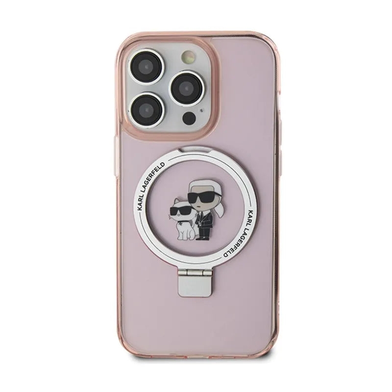 Karl Lagerfeld Ring Stand Karl & Choupette MagSafe dėklas - iPhone 15 Pro (rožinis)