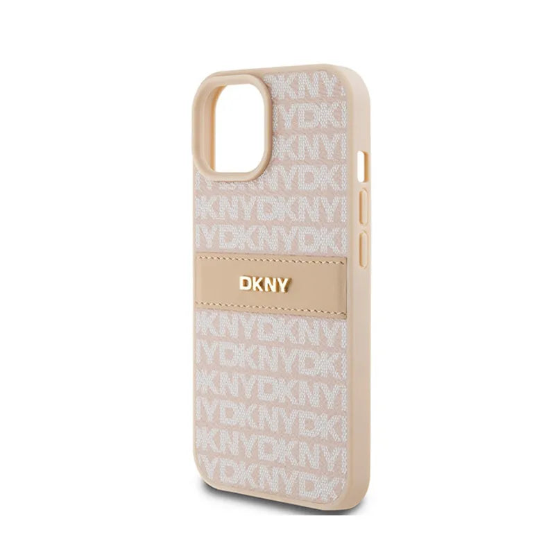 DKNY Leather Mono Stripe & Metal Logo – dėklas iPhone 15 / 14 / 13 (rožinis)