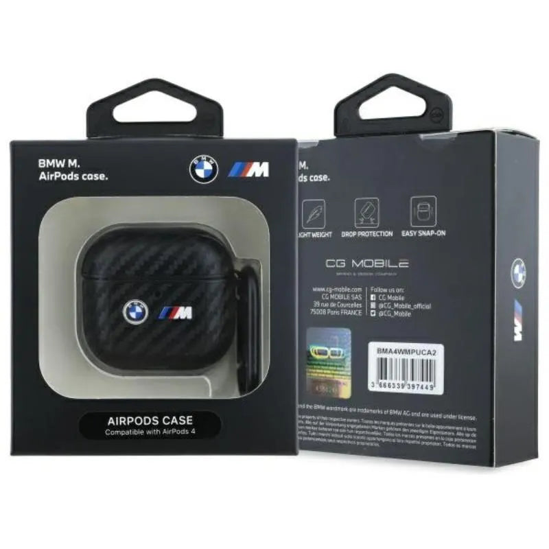 BMW Carbon Double Metal Logo – dėklas AirPods 4 (juodas)