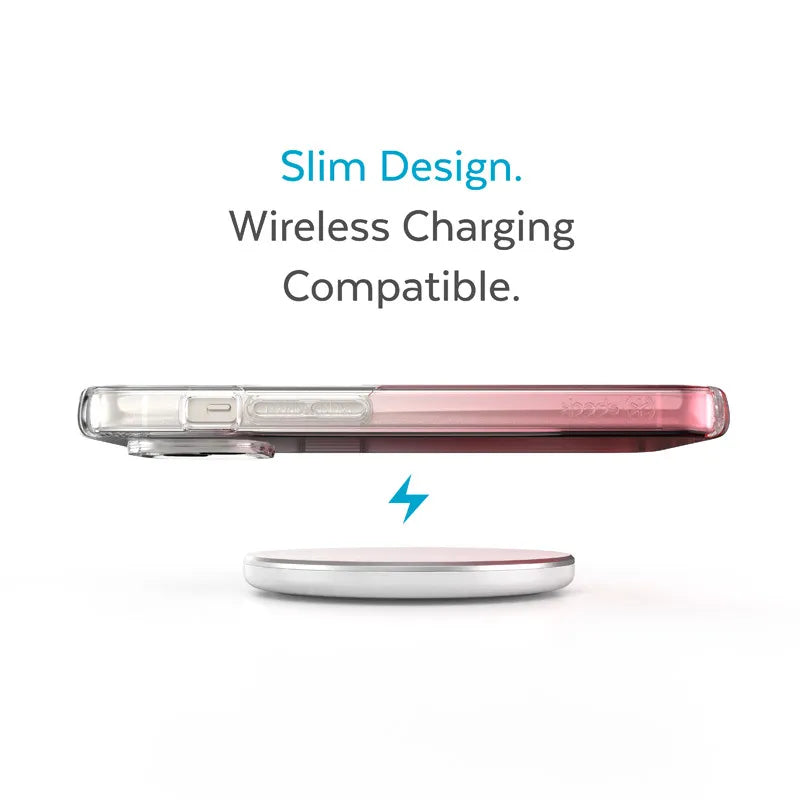 Speck Presidio Perfect-Clear + Ombre - iPhone 15 Plus / 14 Plus dėklas su MICROBAN danga (Skaidrus / Vintage Rose Fade)