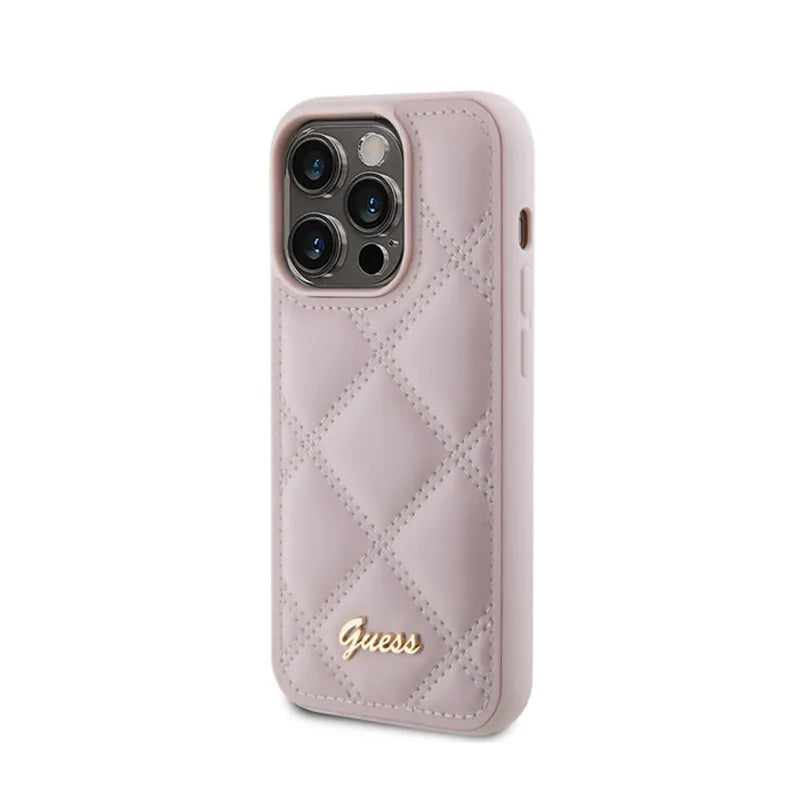 Guess Quilted Metal Logo – dėklas „iPhone 15 Pro“ (rožinis)