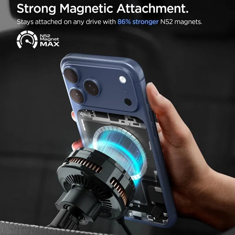 Spigen Essential EV25MFAQ – magnetinis automobilinis laikiklis į ventiliacijos groteles su 25 W belaidžiu MagSafe Qi2.2 įkrovimu (juodas)