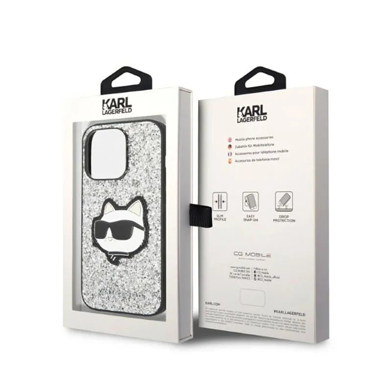 Karl Lagerfeld NFT Glitter Choupette Patch – dėklas iPhone 14 Pro (sidabrinis)