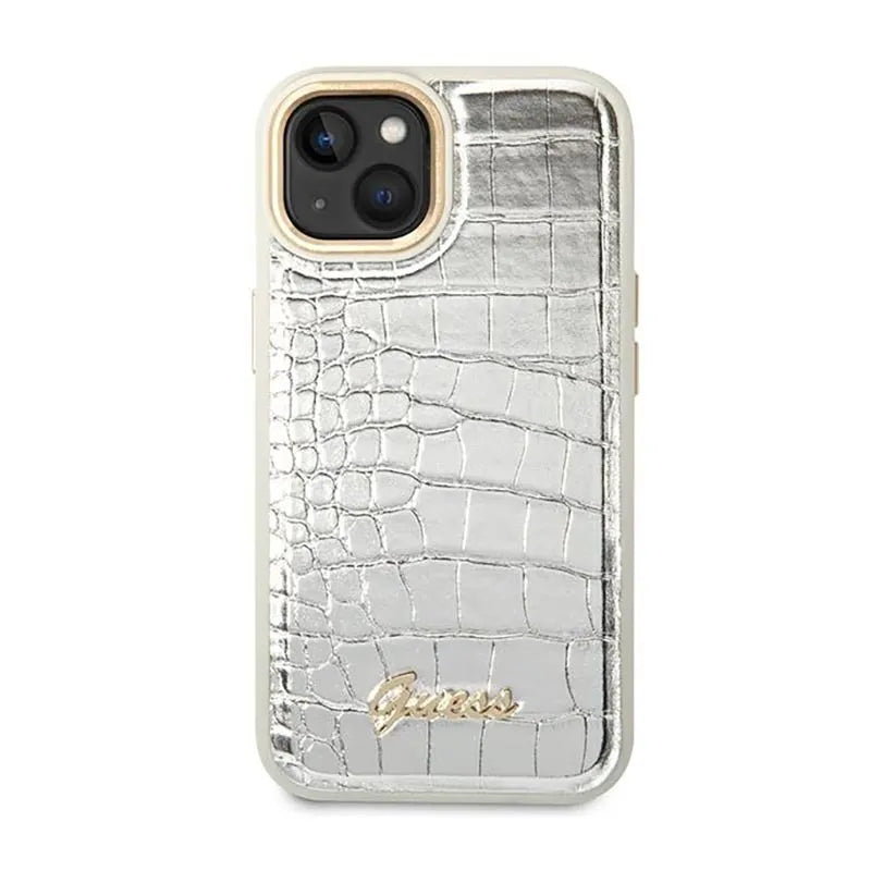 Guess Croco Collection – dėklas iPhone 14 Plus (sidabrinis)