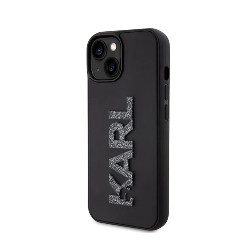 Karl Lagerfeld 3D Rubber Glitter Logo dėklas, skirtas iPhone 15 (juodas)