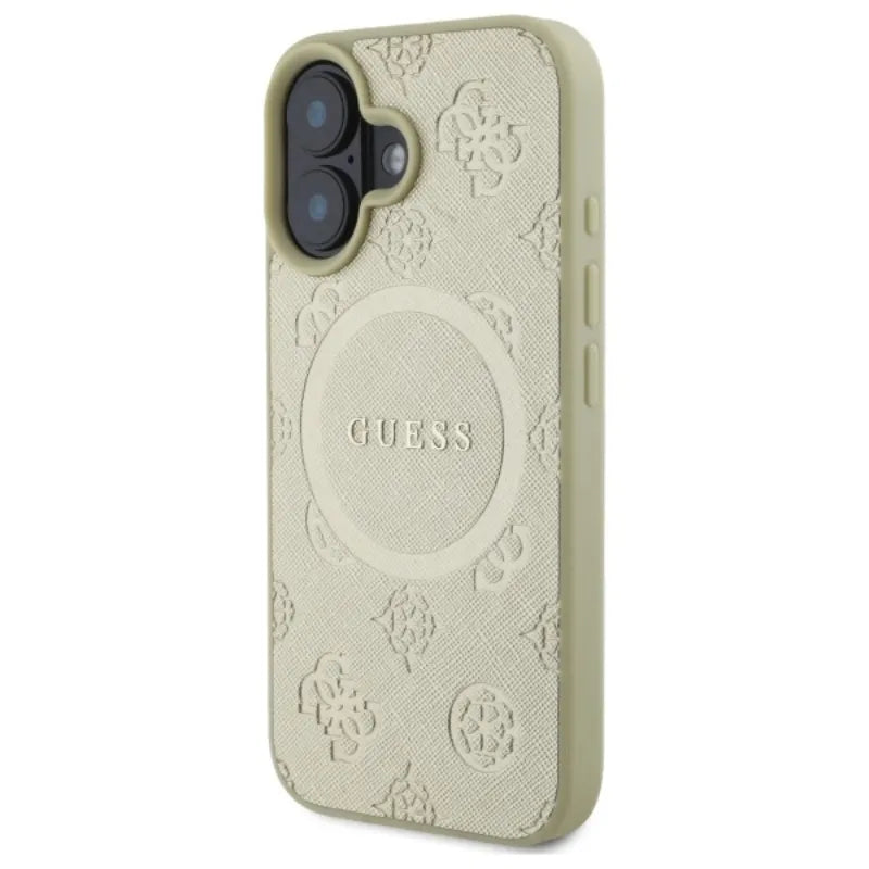 Guess Saffiano Peony Classic Logo MagSafe – dėklas iPhone 16 (auksinis)
