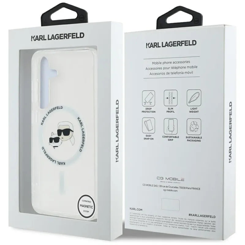 Karl Lagerfeld Button Karl & Choupette Heads Printed Logo MagSafe - Dėklas skirtas Samsung Galaxy S25 (Baltas)