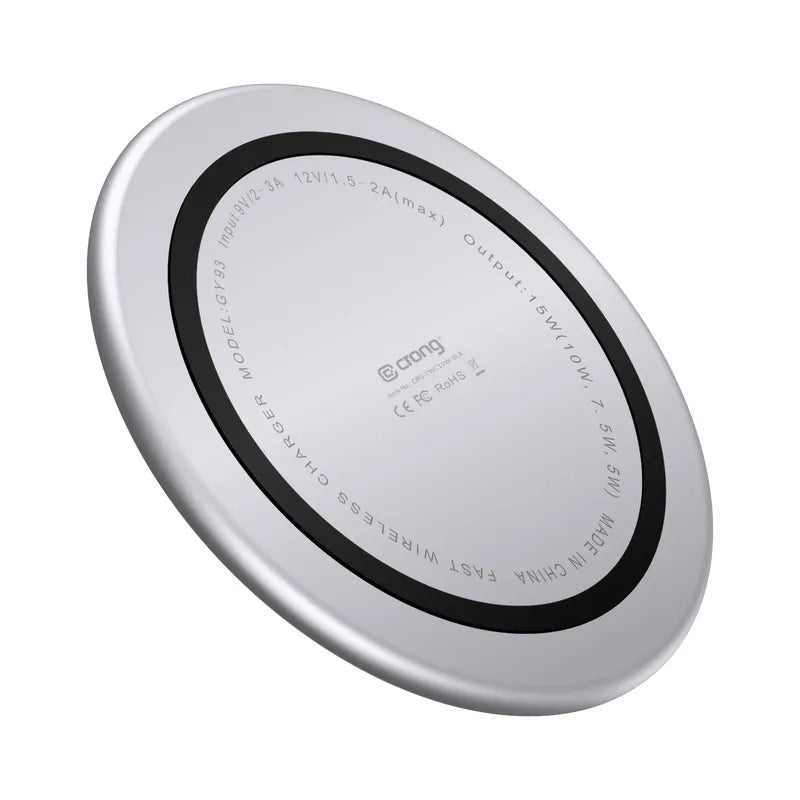 Crong PowerSpot spartusis belaidis įkroviklis – 15 W aliumininis USB-C „Qi“ belaidis įkroviklis su grūdinto stiklo danga (sidabrinė balta)