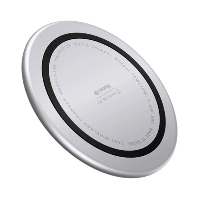 Crong PowerSpot spartusis belaidis įkroviklis – 15 W aliumininis USB-C „Qi“ belaidis įkroviklis su grūdinto stiklo danga (sidabrinė balta)