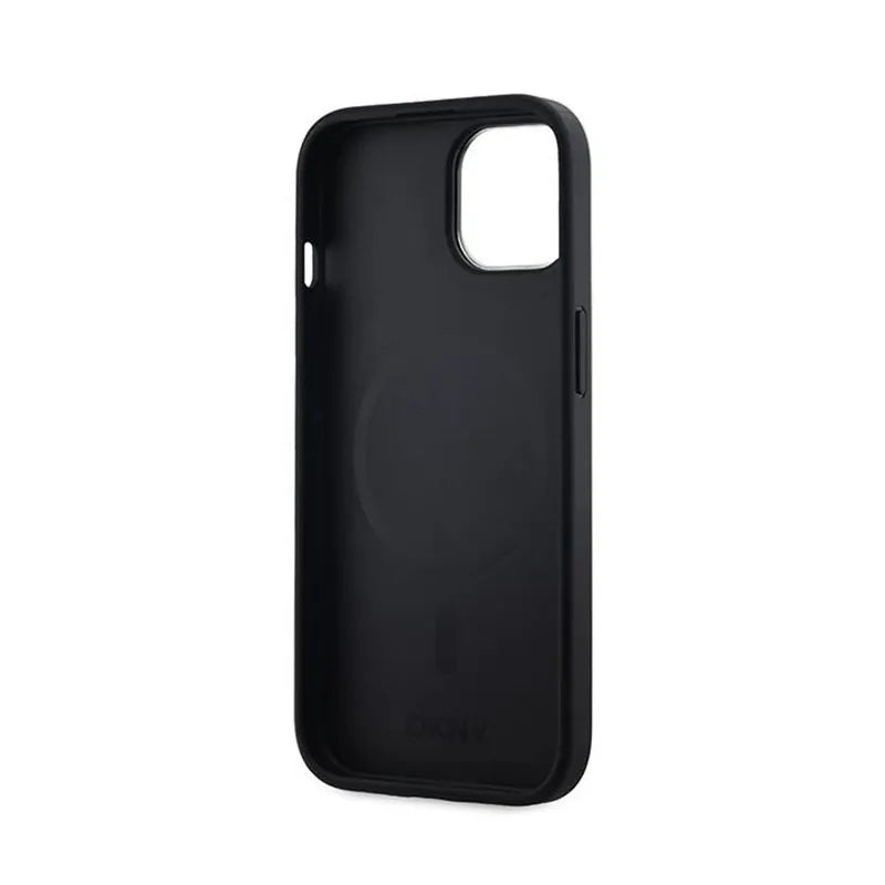 DKNY Leather Checkered Mono Pattern MagSafe – dėklas iPhone 15 / 14 / 13 (juodas)