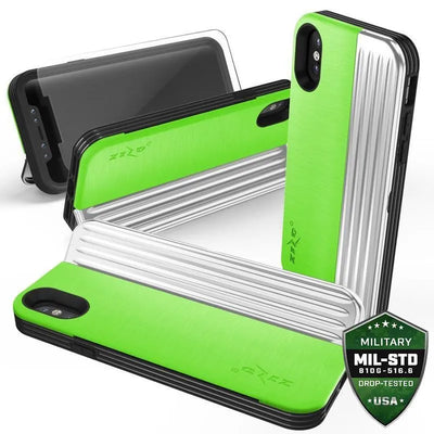 „Zizo Retro Series“ – nugarėlės tipo dėklas su pinigine, magnetiniu užsegimu ir integruotu stoveliu, skirtas „iPhone Xs / X“ (neoninė žalia/sidabrinė)
