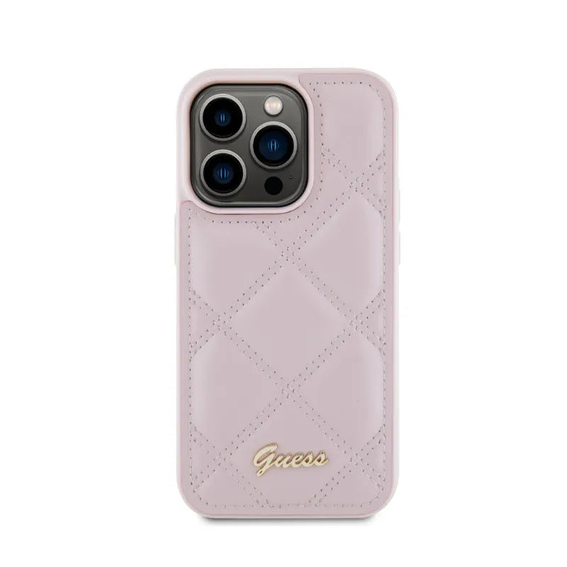 Guess Quilted Metal Logo – dėklas „iPhone 15 Pro“ (rožinis)