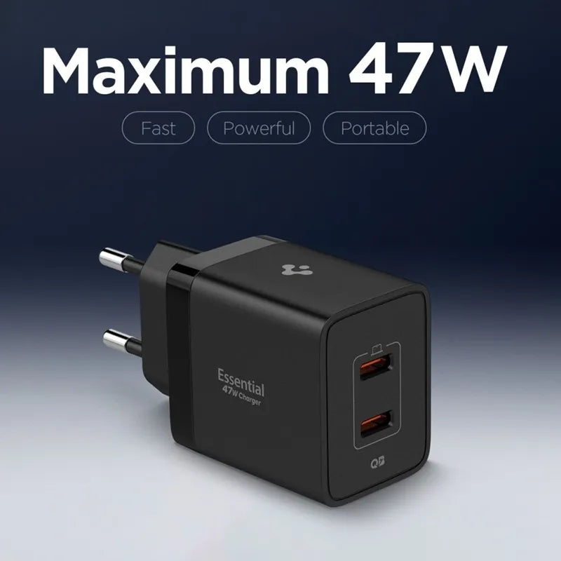 Spigen Essential EE472EU GaN Pro – 2x USB-C 47W sieninis įkroviklis (juodas)
