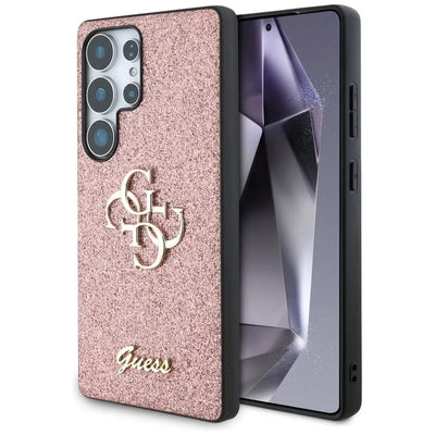 „Guess Fixed Glitter Big 4G Metal Logo“ – dėklas „Samsung Galaxy S25 Ultra“ (rožinis)