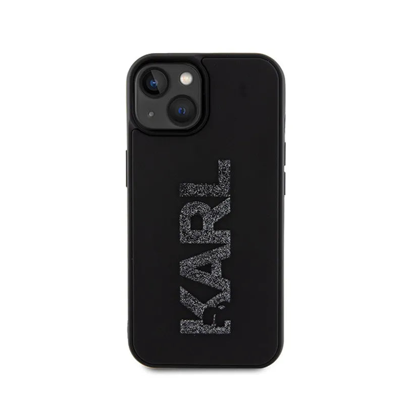 Karl Lagerfeld 3D Rubber Glitter Logo dėklas, skirtas iPhone 15 (juodas)